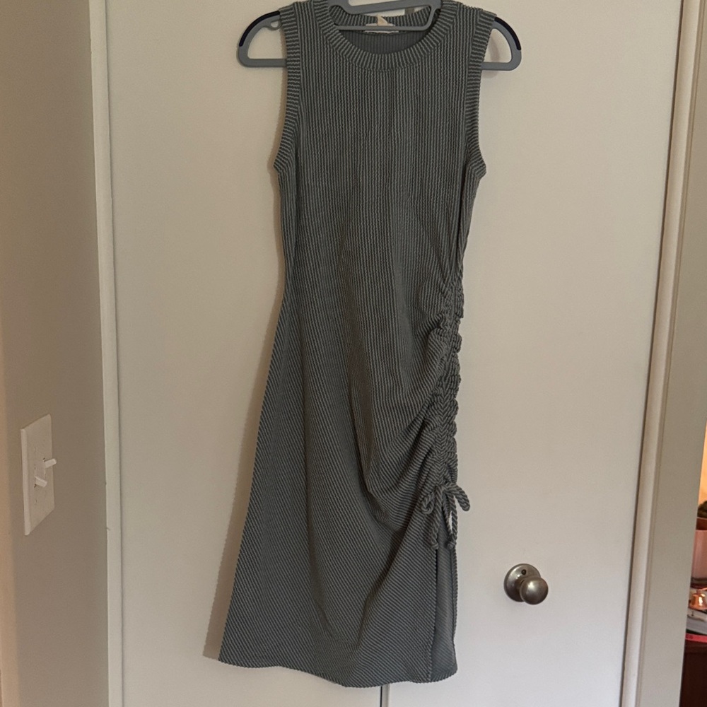 Moa Moa Gray Ribbed Midi Dress with Side Ruched Tie